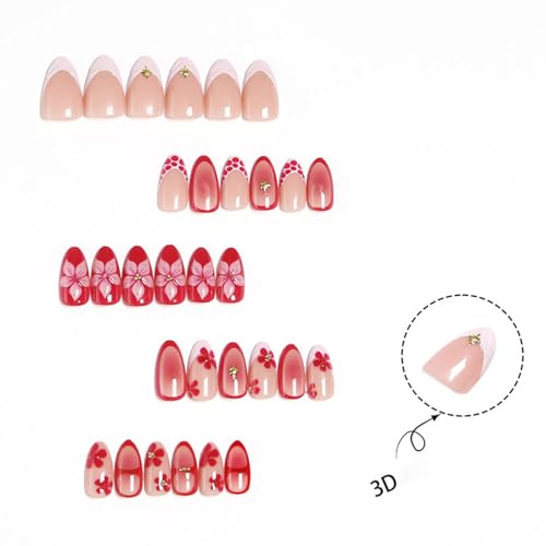 STADWWK 30pcs Short Almond Press-On Nails with 3D Flower & Star Designs - Reusable Glossy Fake Nails for Summer Manicure