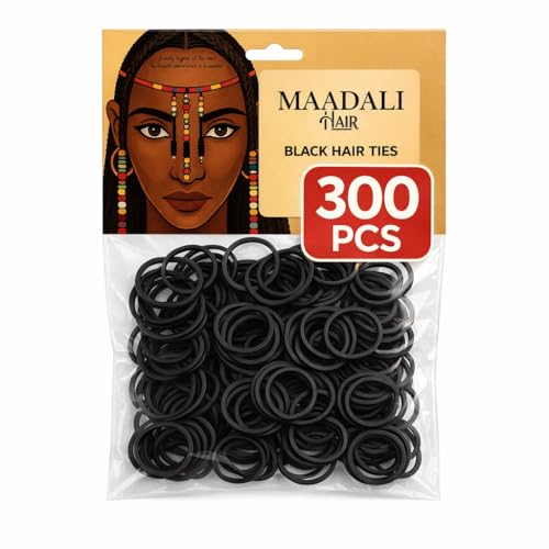Black Hair Ties - Small Strong Rubber Bands for Thick Curly Afro Hair - 300 Pack - No Breakage, Gentle on Hair - MAADALI