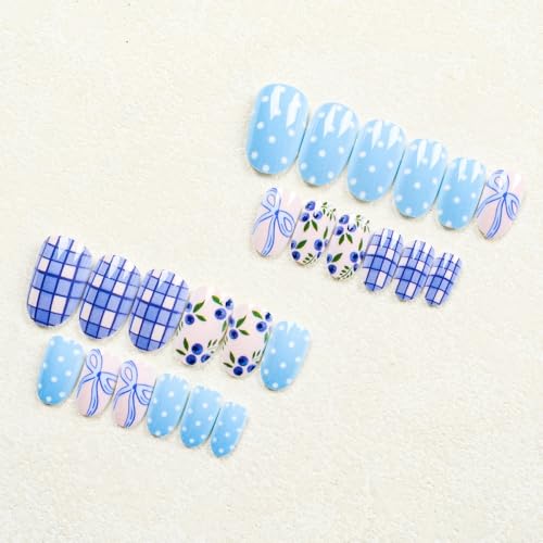 Sevgob Pattern BK10 Polka Dots Blueberry Design Short Almond Press-On Nails 24Pcs
