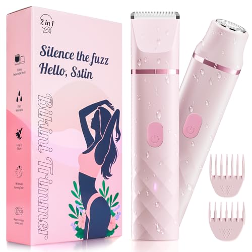 Bikini Trimmer for Women, IPX7 Waterproof, Painless Rechargeable Electric Razor Remover, 2-in-1 Facial & Pubic Hair Removal for Sensitive Skin, Portable Travel Size, Valentines Day Gifts for Her, Pink