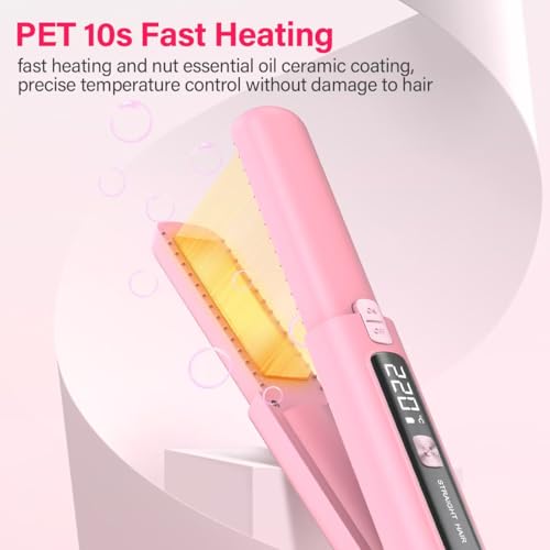 Prettrans Cordless Hair Straightener & Curler 2 in 1 - Mini, USB Rechargeable, Fast Heating, Portable Ceramic Flat Iron (Pink)