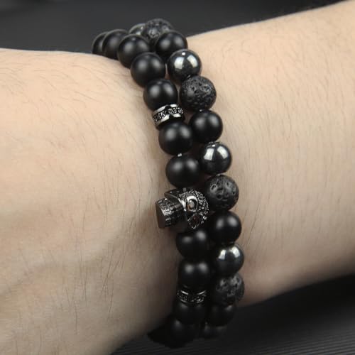 Black Obsidian Bracelet - Skull Bracelet - Tourmaline Beaded Bracelets - 8MM Black Onyx Hematite Lava Stone Beads Triple Protection Bracelet for Men Women Gifts