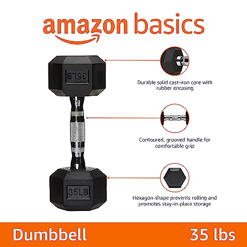 Amazon Basics Rubber Hex Dumbbell Hand Weight, 35 Pounds, Single, Black