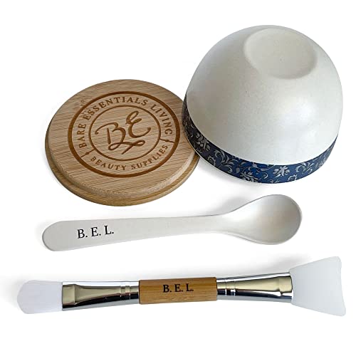 Bare Essentials Living - Clay Face Mask Mixing Bowl Set, Skin Care Kit Facial Bowls with Bamboo Lid, Face Mask Spoon, & Dual Sided Face Mask Brush Applicator for DIY Facials & Hair Mask (Blue Floral)