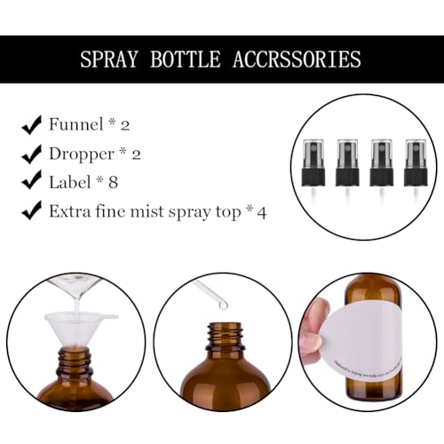 4oz Amber Glass Spray Bottles for Essential Oils - Set of 4 with Extra Nozzles & Labels