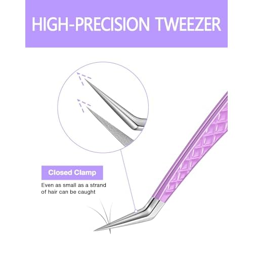MORGLES Eyelash Tweezers for Lash Extensions, Fiber Tip Eyelash Extension Tweezers for Volume Lashes with Bag, Purple