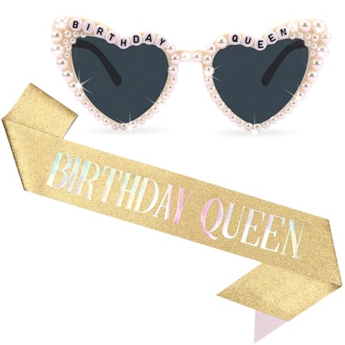 Gold Birthday Sash for Women & Girls with Heart-Shaped Glasses - Party Accessories