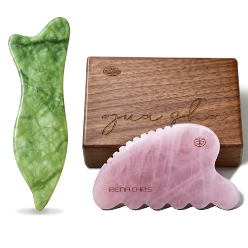 Rena Chris Gua Sha Facial and Body Tools- Natural Jade Gua Sha Stone for Face Manual Massage with Exquisite Wooden Box, Jawline Sculpting and Puffiness Reducing, Whole Body Care Tool with Manual