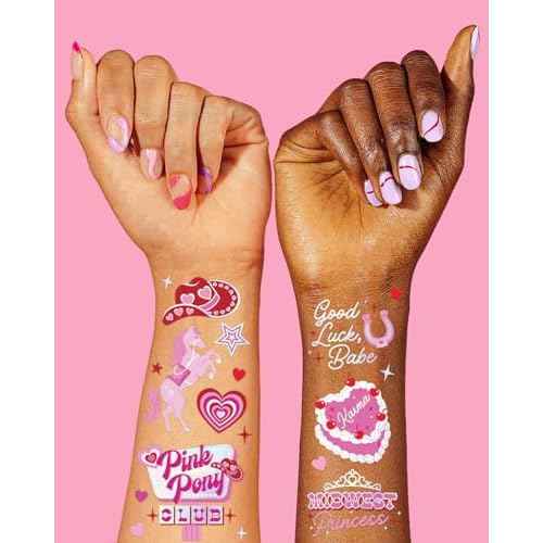 xo, Fetti Pink Pony Club Temporary Tattoos - 54 Iridescent Foil Pcs | Cowgirl Bachelorette Party, Valentine's Day Favors, Birthday Accessory, Galentine's Bach Activity
