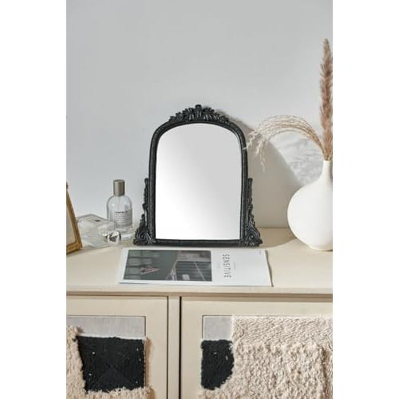 Vintage Black Vanity Makeup Mirror, Antique Arch Table Mirror with Carved Resin Frame, Small Standing Mirror for Bedroom, Living Room, Tabletop (13.2" x 12.8")