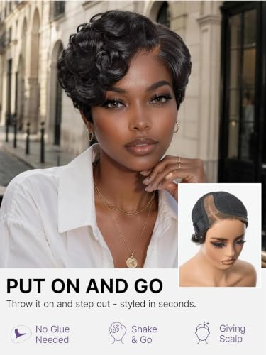 Short Pixie Cut Glueless Wig 6 Inch Human Hair Pre-Styled