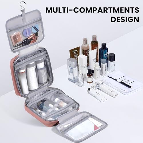JOMOLA Travel Toiletry Bag Hanging Makeup Bag with Hook Bathroom Cosmetic Toiletry Kit for Hanging Travel Toiletries Essentials Organizer, Light Red Faux Leather