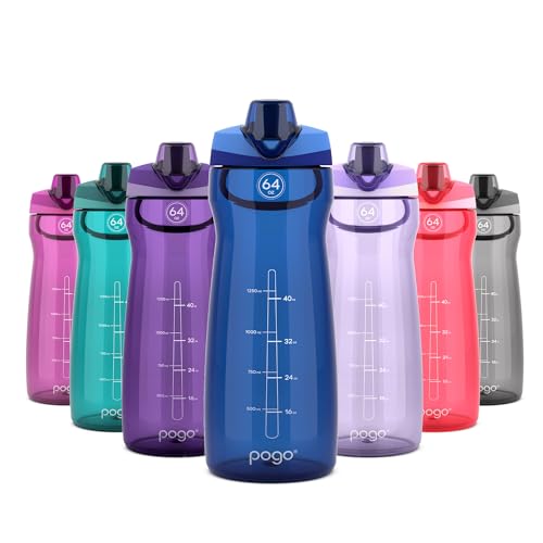 Pogo 64oz Plastic Water Bottle with Leak-Proof Chug Lid and Carry Handle, Reusable, BPA Free, Capacity Markings, Dishwasher Safe, Perfect for Travel, School, Outdoors, and Gym, Blue