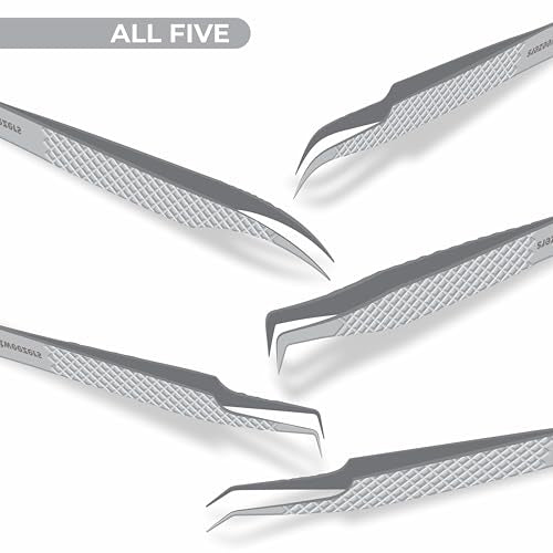 GMI Lash Tweezers - Set of 5 Eyelash Tweezers - Stainless Steel Eyelash Extension Tweezers - Multipurpose Lash Tweezers for Eyelash Extensions for Individual., T1122