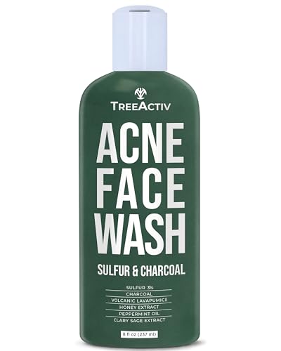 TreeActiv Charcoal Acne Exfoliating Face Wash | Hydrating Sulfur Cleanser for Pimple, Zit, Whitehead, & Blackhead | Facial Treatment for Hormonal & Cystic Acne | Teen & Adult Milia Remover | 425+ Uses