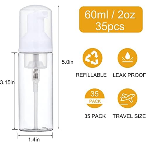 35 pcs 2oz Foam Soap Dispensers Mini Cleaning Plastic Refillable Travel Bottles with Pump for Hand Sanitizer Lash Shampoo Castile Liquid
