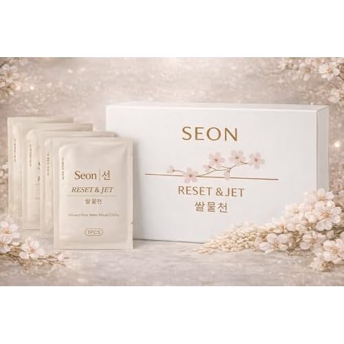 SEON Reset & Jet Korean Skincare Facial Wipes. Rice Water Infused Cleansing Cloths, Individually Wrapped, Travel Friendly (50 Count, Premium Magnetic Box.