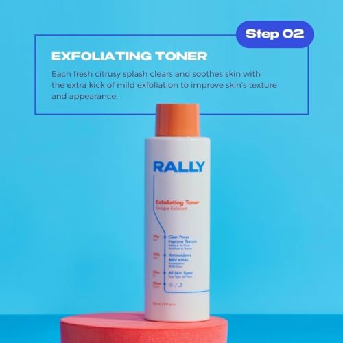 RALLY Daily Cleansing Exfoliating Toner with Mild Plant-Based AHAs | Waterless On-The-Go Cleanse | Clear Pores + Improve Texture | Refresh Teen + Post Workout Skin 4 OZ