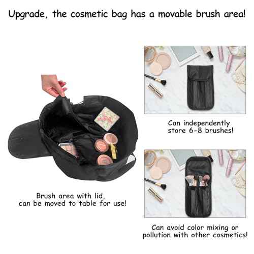 Drawstring Makeup Bag Open Flat ? Barrel Drawstring Cosmetic Bag for Women Toiletry Bag for Travel with Brush Bag (Black)