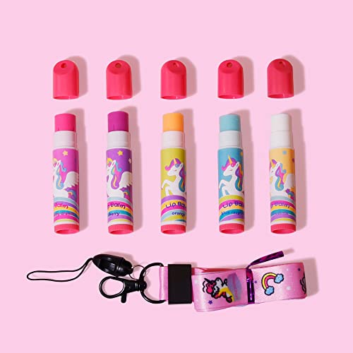 5 Pcs Fruit Flavored Lip Balm Set With Lanyard, Unicorn, Lip Care to Moisturize Dry Lips