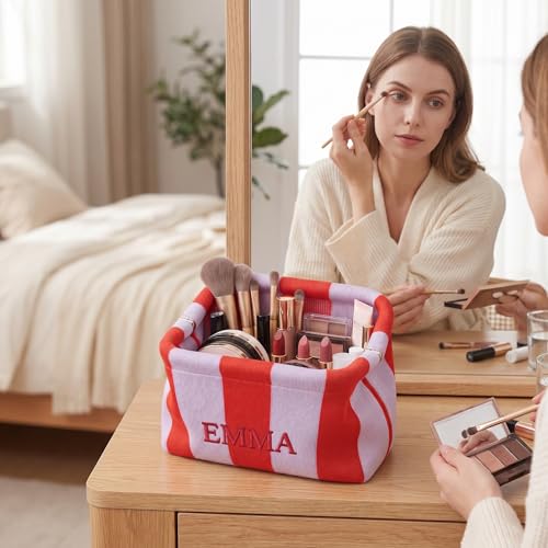 Personalized Striped Knit Makeup Bag - Large Capacity Toiletry Organizer