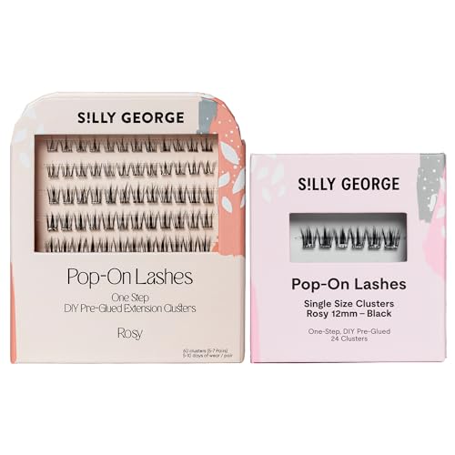 Silly George PopOn Lash 84 Cluster Pre-Glued Featherlight Bionic Silk 5 to 10 Day Wear Press-On Lash Bundle with 60 Pack MultiLength Plus 24 Pack Single Size Black Rosy 12mm