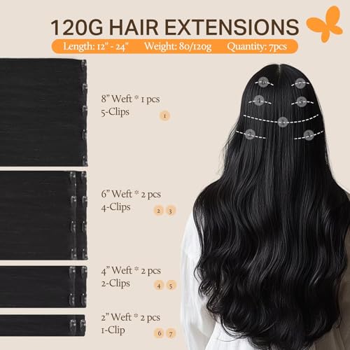 DOORES Clip in Hair Extensions 20" Jet Black 7pcs 120g