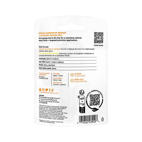 Real Techniques Miracle Complexion Sponge + Concealer Sponge Duo, Makeup Blending Sponges For Foundation & Concealer, Offers Light To Medium Coverage, Natural, Dewy Makeup, Latex-Free Foam 2 Count