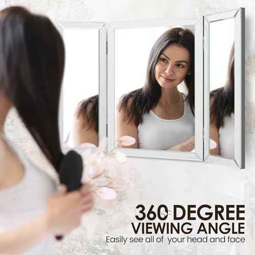 Houseables 3 Way Mirror, Trifold Mirror, Trifold Vanity, Three Way Folding, Tri Fold, For Braiding Hair, 3way, 3 Sided, Three Panel, Triple, Tabletop, Bathroom, Makeup, Self Haircut, 360, 21 x 31 Inch