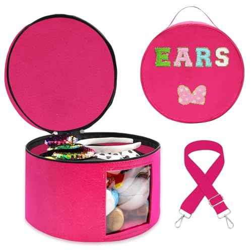 Heaband Holder Organizer, Large Round Tiara Tote Storage Box, Headband Ears Display Storage Box with Shoulder Straps (Rosy Red)
