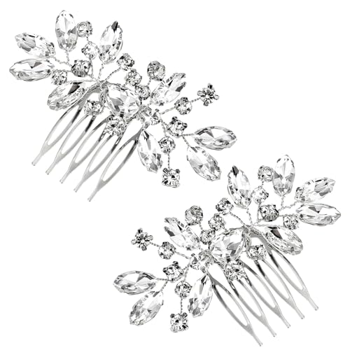 Bridal Hair Comb Rhinestone Silver Flower - 2 Pack Wedding Headpiece