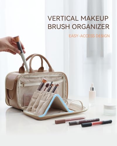 Large Waterproof Makeup Bag with Brush Holder & Handle