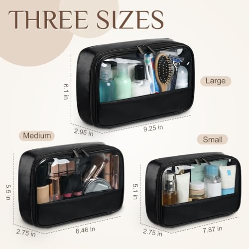 Abbylike 3 Pcs Clear Makeup Bag PU Leather Travel Cosmetic Case Transparent Toiletry Bag with Zipper Waterproof Travel Toiletry Bags for Women and Girls(Black)