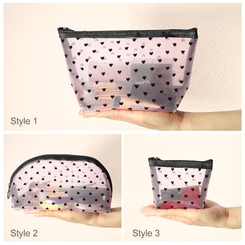 VOCOSTE 4pcs Heart Shape Print Mesh Makeup Bag, Makeup Bag Clear, Mesh Bags with Zipper, Clear Makeup Pouch Mesh Bags, Make Up Bags for Women, Pink