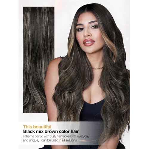 Quantum Love Long Curly Wig for Women Long Wavy Middle Part Black Mix Brown Wigs 28Inch Natural Looking Synthetic Fashion Brown Color Hair for Cosplay Halloween Daily Party Use