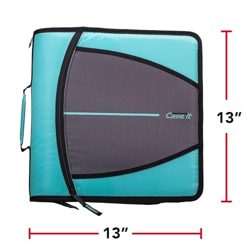 Case-it The Mighty Zip Tab Zipper Binder - 3 Inch O-Rings - 5 Color Tab Expanding File Folder - Multiple Pockets - 600 Sheet Capacity - Comes with Shoulder Strap - Spearmint D-146 (6 Pack)