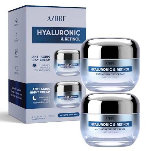 Hyaluronic Acid & Retinol Day/Night Cream Value Set - Rejuvenating, Anti Aging & Hydrating Face Moisturizer - Reduces Wrinkles & Evens Dark Spots - Vegan Skin Care Made in Korea -2x1.69fl.oz by Azure