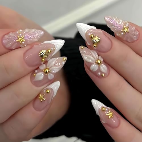 Medium Almond Press On Nails, Nude Pink Fake Nails with 3D White