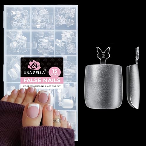 UNA GELLA Square Toe Nail Tips 15 Sizes 216Pcs for Big Wide Toenails, Fake Toenails