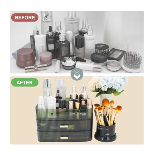 Makeup Organizer with 2 Drawers, Cosmetics Organizer for Bedroom and Bathroom Vanity Countertops, Large Capacity Cosmetic Storage Box for Skincare Cream Perfume Lipstick Dresser Counter-Green