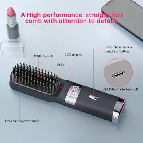 Cordless Hair Straightener Brush with LCD Display USB Rechargeable