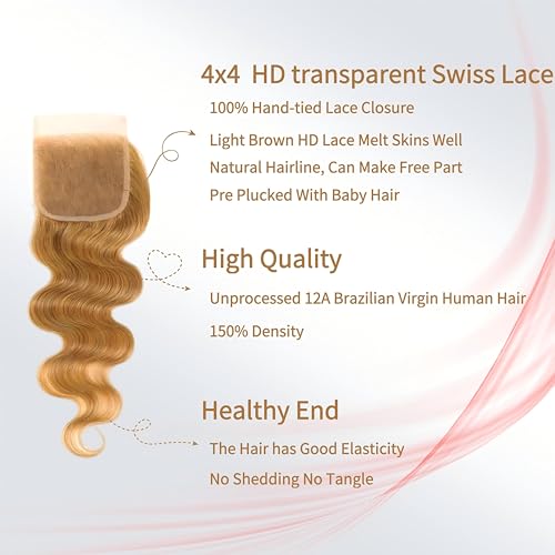 Honey Blonde 4x4 HD Lace Closure Body Wave 12 Inch