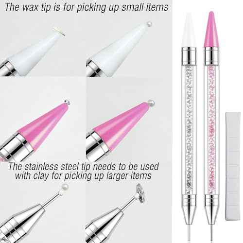 LIGHT RAIN Rhinestone Picker Tool - 2pcs Dual-head Bedazzling Pen with 4 Wax Tips, 8pcs Clay, Adjustable Precision Tweezers, 1400pcs Rhinestones and 2pcs Organizer Tray Kit for Nail Art