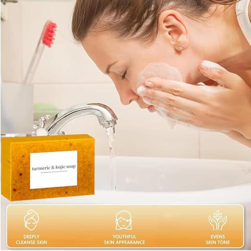 3PCS Lemon Turmeric Kojic Soap + 3 Bubble Nets | Organic Face & Body Bar | Cleansing & Exfoliating | All Skin Types
