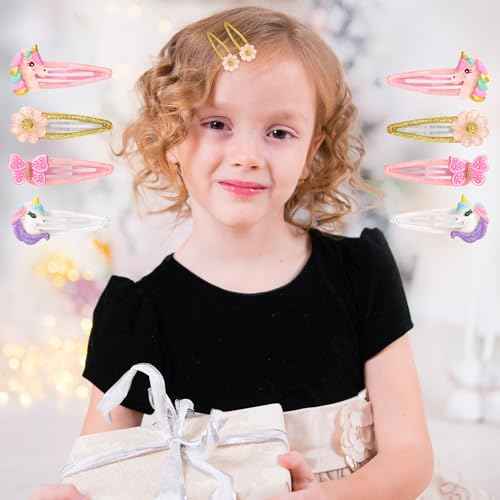 8Pcs Flower Hair Clips for Girls, Butterfly Metal Snap Clips,Cute Glitter Toddler Girls Unicorn Hair Accessories for Children, Infants, Toddlers, Kids - Flower