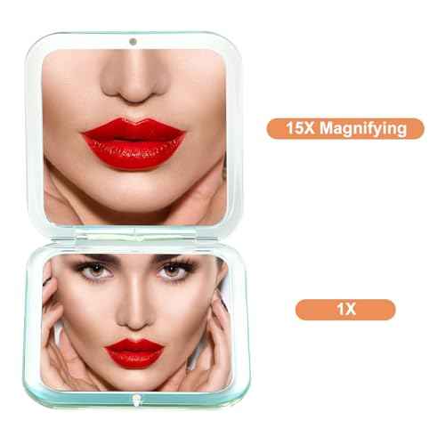 Compact 15X Magnifying Makeup Mirror for Travel, Small Pocket Mirror-Handheld, Foldable & Portable 2-Sided with 15X Magnifying and 1X Mirror for Purses - Square 3.3 x 3.3 inch (Green)