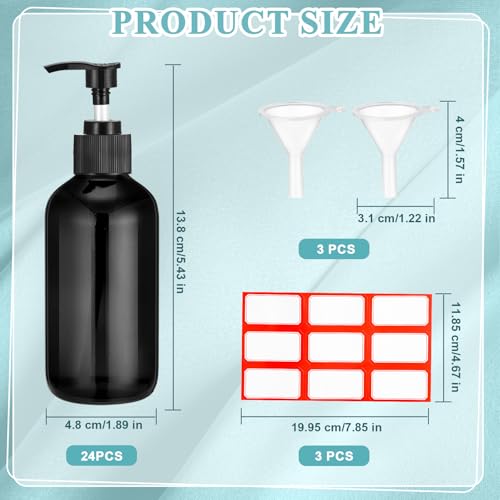 Tanlade 24 Pcs 8 oz Glass Pump Bottle Empty Bottle Glass Soap Dispenser with Pump Refillable Containers and Labels Funnels for Essential Oils Cleaning Products Lotions Conditioner (Black)