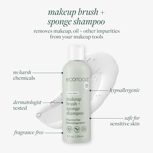 EcoTools Makeup Brush + Sponge Shampoo, Remove Makeup & Impurities From Tools, Sponges, & Puffs, Fragrance-Free Brush Cleanser, No Harsh Chemicals, Vegan, & Cruelty-Free, 8 fl. oz./236 ml. Bottle