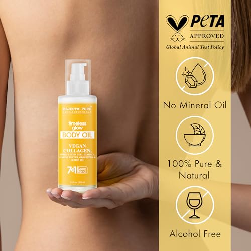 Majestic Pure Timeless Glow Body Oil -100% Pure & Natural Vegan Collagen with Grapeseed, Jojoba, Lemon Oil -After Shower Body Oils for Women and Men - Scented, Radiant, Firming Massage Oil - 3.4 Fl Oz