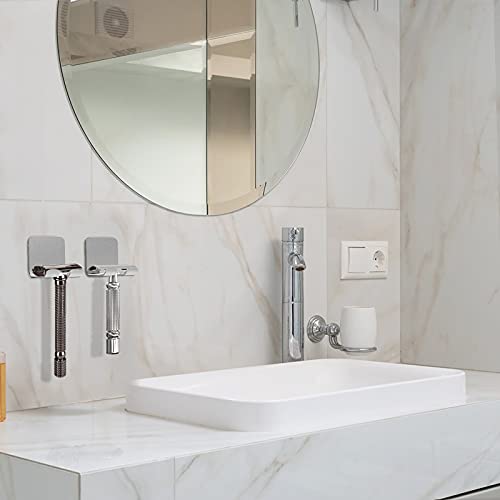 Linkidea 8 Pack Wall Mount Shower Razor Holder Bulk Pack, Wholesale Multi-Pack Self Adhesive Shaver Hooks, Stainless Steel Hanger Compatible with Vikings, Merkur Double Edge Safety Razor(Silver)